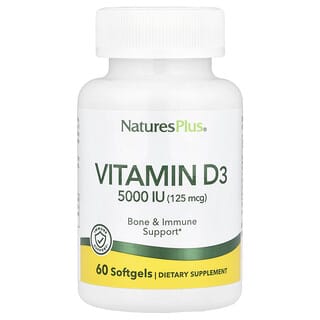 NaturesPlus, Vitamin D3, 125 mcg (5.000 IU), 60 Kapsul Gel Lunak