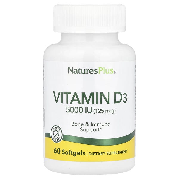 NaturesPlus, 비타민D3, 125mcg(5,000IU), 소프트젤 60정