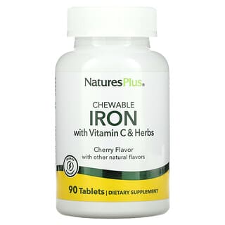 NaturesPlus, Ferro Mastigável de Alta Potência com Vitamina C e Ervas, Cereja, 90 Comprimidos