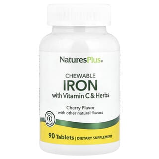 NaturesPlus, Ferro Mastigável de Alta Potência com Vitamina C e Ervas, Cereja, 90 Comprimidos