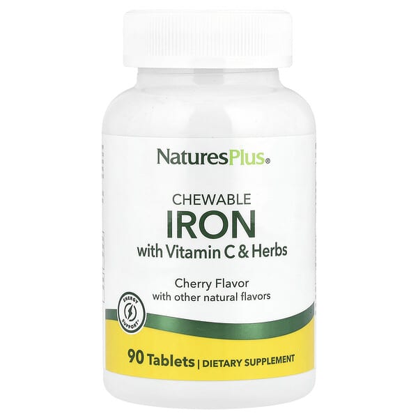 NaturesPlus, Zat Besi Kunyah dengan Vitamin C dan Herba, Ceri, 90 Tablet