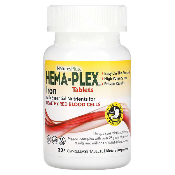 NaturesPlus‏, Hema-Plex, ברזל עם חומרים מזינים חיוניים לתאי דם אדומים בריאים, 30 טבליות בשחרור איטי