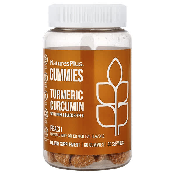 NaturesPlus, Turmeric Curcumin With Ginger & Black Pepper Gummies, Peach, 60 Gummies