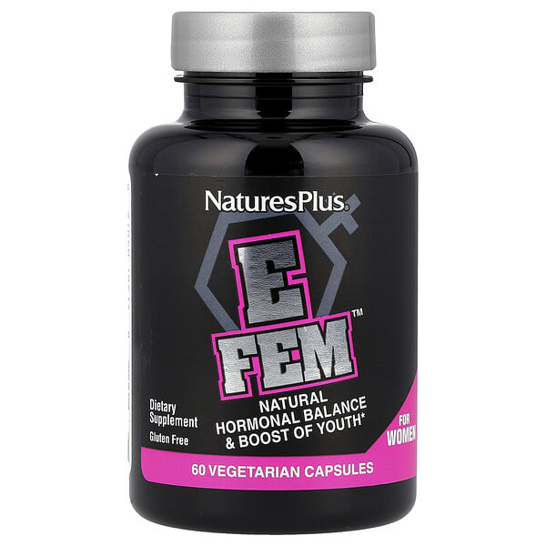 NaturesPlus, 女性 E Fem™，天然荷爾蒙平衡和加強青春活力，60 粒素食膠囊