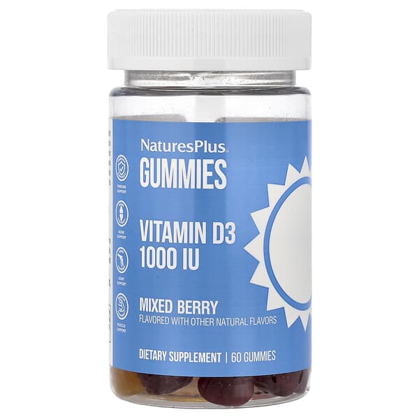 NaturesPlus Vitamin D3 Gummies, Mixed Berry, 1000 IU, 60 Gummies