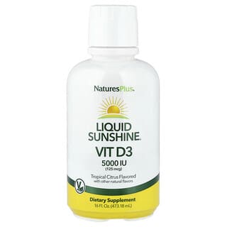 NaturesPlus, リキッドサンシャイン、ビタミン D3 サプリメント、トロピカルシトラス味、5000 IU、16 fl oz (473.18 ml)