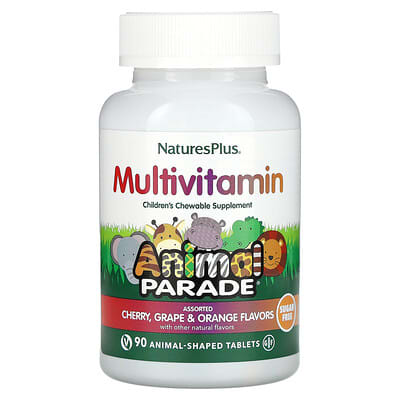 NaturesPlus, Animal Parade, Children's Chewable Multivitamin Supplement, Cherry, Grape & Orange, 90 Animal Parade Tablets