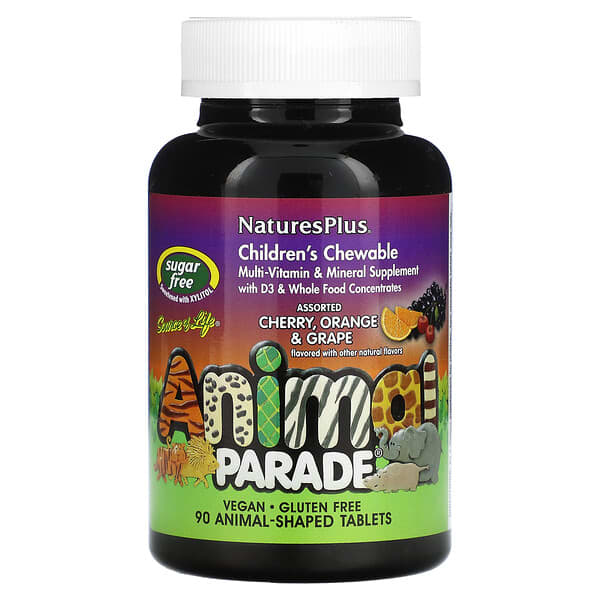 NaturesPlus‏, Source of Life, Animal Parade, תוסף מולטי-ויטמין ומינרלים לעיס לילדים, ללא סוכר, מגוון רחב, 90 טבליות בצורת חיות
