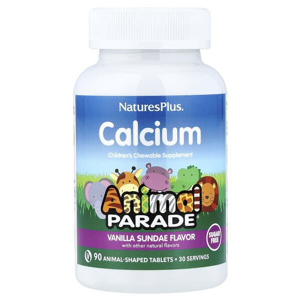 Nature's Plus, 생명의 원천, 애니멀 퍼레이드, 칼슘, 어린이의 츄어블 영양 공급제, 설탕 무함유, 천연 바닐라 선디 맛, 90 동물 모양 태블릿