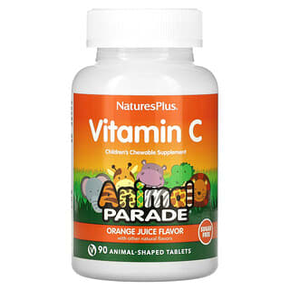 NaturesPlus, Animal Parade, Suplemento masticable de vitamina C para niños, Sabor a zumo de naranja, Sin azúcar, 90 comprimidos con forma de animales