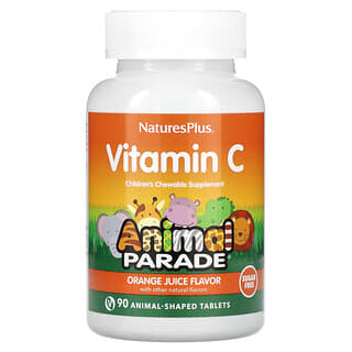 NaturesPlus, Animal Parade, Suplemento masticable de vitamina C para niños, Sabor a zumo de naranja, Sin azúcar, 90 comprimidos con forma de animales