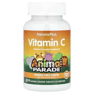 NaturePlus, Animal Parade, Vitamina C, Suplemento Mastigável para Crianças, Sabor Suco de Laranja, Sem Açúcar, 90 Comprimidos em Formato de Animais
