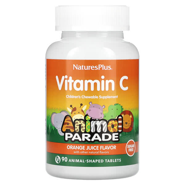 NaturesPlus, Animal Parade, Suplemen Kunyah Anak dengan Vitamin C, Rasa Sari Jeruk, Bebas Gula, 90 Tablet Berbentuk Hewan