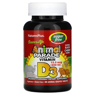 NaturesPlus, Source of Life, Animal Parade, витамин D3, без сахара, с натуральным вкусом черешни, 12,5 мкг (500 МЕ), 90 таблеток в форме животных