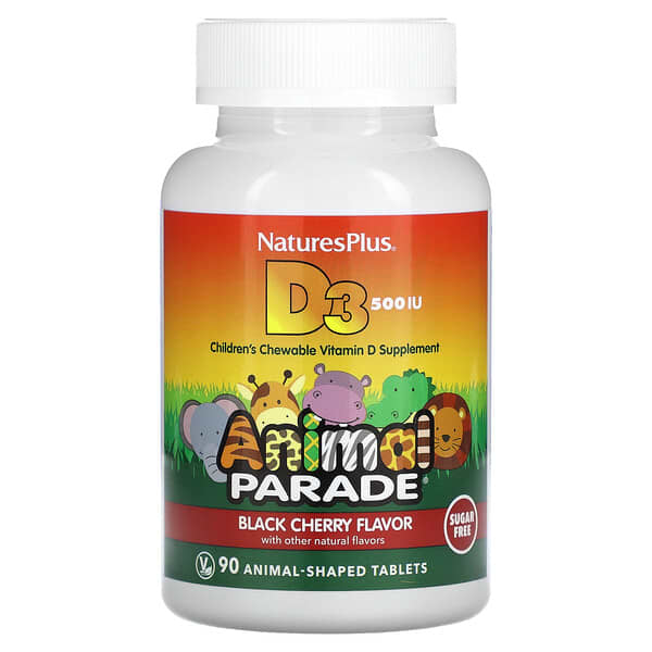 NaturesPlus, Source of Life（ソースオブライフ）、Animal Parade（アニマルパレード）、ビタミンD3、無糖、天然ブラックチェリー味、12.5mcg（500 IU）、動物型タブレット90粒