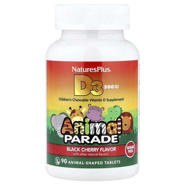 NaturesPlus Animal Parade®, Vitamin D3, Black Cherry, 12.5 mcg (500 IU), 90 Animal-Shaped Tablets