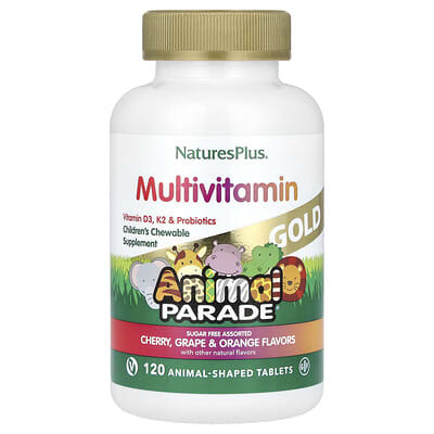 NaturesPlus, Animal Parade&reg; Gold, Children's Chewable Multivitamin, Cherry, Grape & Orange, 120 Animal-Shaped Tablets