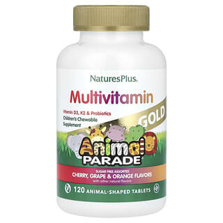 NaturesPlus, Animal Parade Gold, Children's Chewable Multivitamin Supplement, Cherry, Grape & Orange, 120 Animal-Shaped Tablets