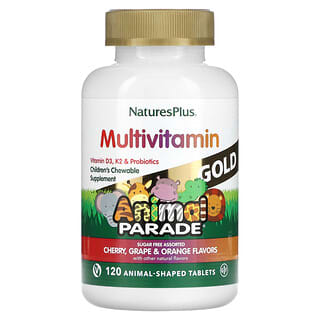 NaturesPlus, Animal Parade Gold, Children's Chewable Multivitamin Supplement, Cherry, Grape & Orange, 120 Animal-Shaped Tablets