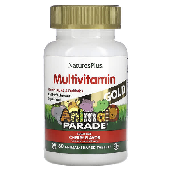 NaturesPlus‏, Animal Parade, Gold, תוסף תזונה לעיס של מולטי-ויטמינים ומינרלים לילדים, בטעם דובדבן, 60 טבליות בצורות של בעלי חיים
