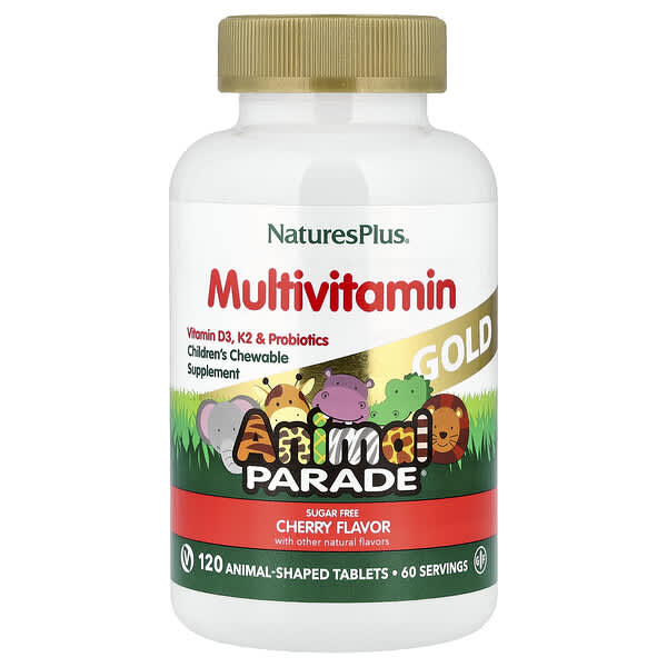 NaturesPlus Animal Parade® Gold, Multivitamin, Children's Chewable Supplement, Cherry, 120 Animal-Shaped Tablets