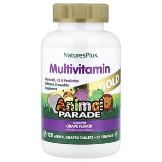 NaturesPlus, Source of Life, Animal Parade Gold, Suplemento Multivitamínico e Mineral para Crianças, Uva, 120 Comprimidos em Forma de Animal