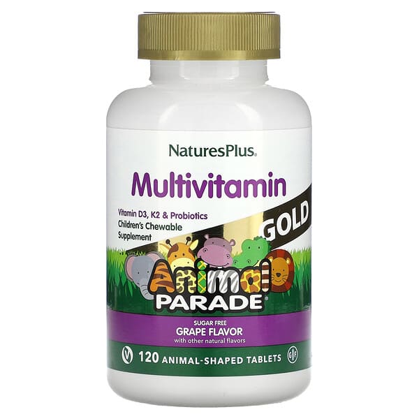NaturesPlus, Animal Parade Gold, Children's Multivitamin Chewable Supplement, Grape, 120 Animal-Shaped Tablets