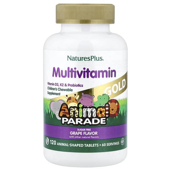 NaturesPlus Animal Parade® Gold, Children's Chewable Multivitamin, Grape, 120 Animal-Shaped Tablets