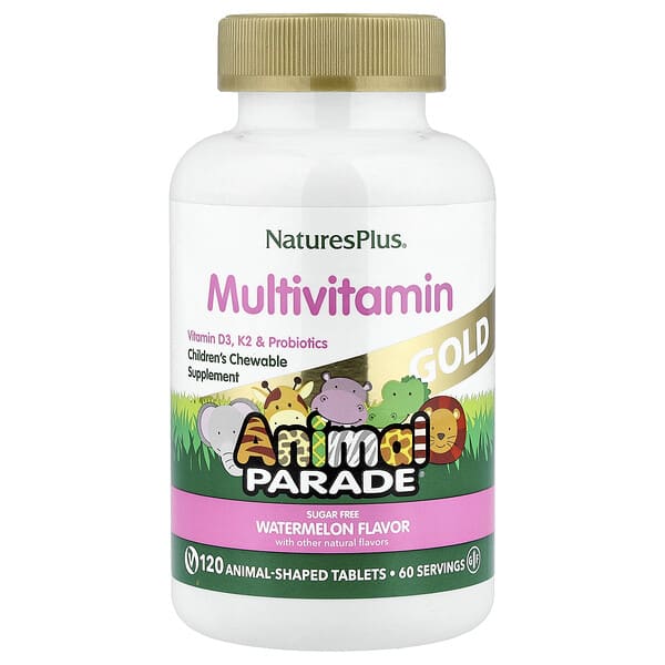 NaturesPlus Animal Parade® Gold, Children's Chewable Multivitamin Supplement, Watermelon, 120 Animal-Shaped Tablets