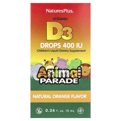 NaturesPlus, Animal Parade®, Vitamin D3 Drops, Natural Orange, 10 mcg (400 IU), 0.34 fl oz (10 ml)