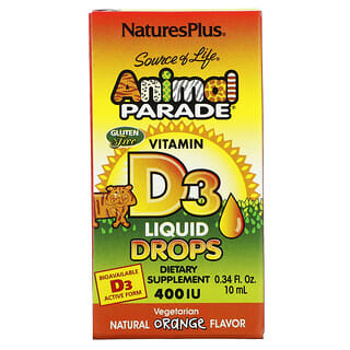 NaturesPlus, Source of Life，Animal Parade，维生素 D3 滴剂，天然橙味，400 国际单位，0.34 液量盎司（10 毫升）