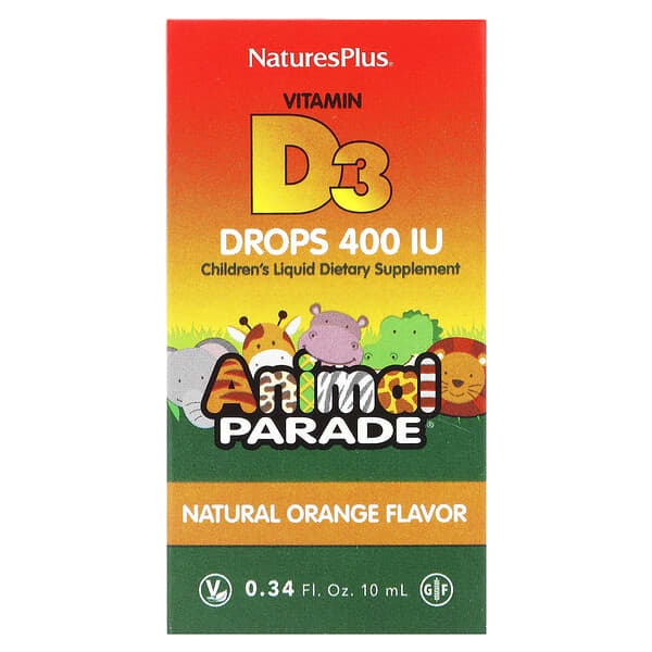 NaturesPlus, Source of Life，Animal Parade，維生素 D3 滴劑，天然橙味，400 國際單位，0.34 液量盎司（10 毫升）