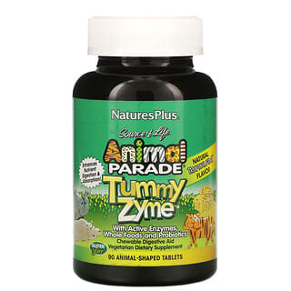 NaturesPlus, Source of Life، Animal Parade، Tummy Zyme بالإنزيمات النشطة، الأطعمة الكاملة والبروبيوتيك، نكهة الفواكه الاستوائية الطبيعية، 90 قرصًا على شكل حيوانات