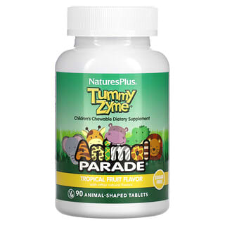 NaturesPlus, Source of Life, Animal Parade, Tummy Zyme з активними ферментами, цільними продуктами та пробіотиками, натуральний смак тропічних фруктів, 90 таблеток в формі тварин