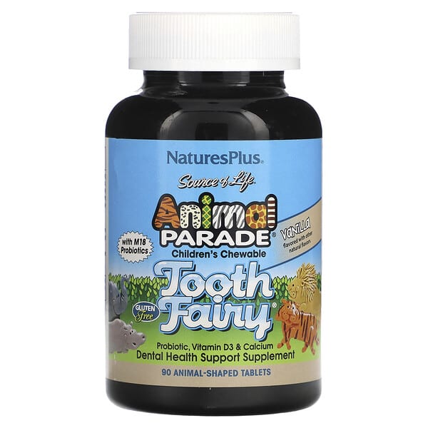 NaturesPlus, Source of Life, Animal Parade, Children's Chewable Tooth Fairy Probiotic, Vitamin D3 & Calcium, Vanilla, 90 Animal-Shaped Tablets