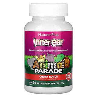 NaturesPlus, Animal Parade, tabletki do żucia dla dzieci wspomagające odporność ucha wewnętrznego, o smaku wiśniowym, 90 tabletek w kształcie zwierząt