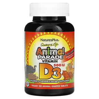 NaturesPlus, Source of Life, Animal Parade, Vitamina D3, Sabor a cereza negra natural, 500 UI, 90 comprimidos con forma de animales