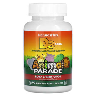 NaturesPlus, Source of Life, Animal Parade, Vitamina D3, Sabor Natural de Cereja Preta, 500 UI, 90 Comprimidos em Formato de Animais