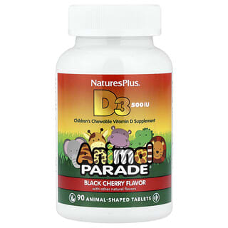 NaturesPlus, Animal Parade, Vitamina D3, Cereza negra, 12,5 mcg (500 UI), 90 comprimidos con forma de animales