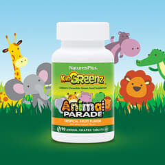 NaturesPlus, Animal Parade, Kid Greenz, Children's Chewable Green Food Supplement, Tropical Fruit, 90 Animal-Shaped Tablets