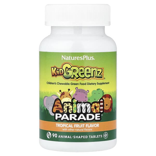 Animal Parade®, Kid Greenz®, Children's Chewable Green Food Dietary Supplement, Tropical Fruit, 90 Animal-Shaped Tablets