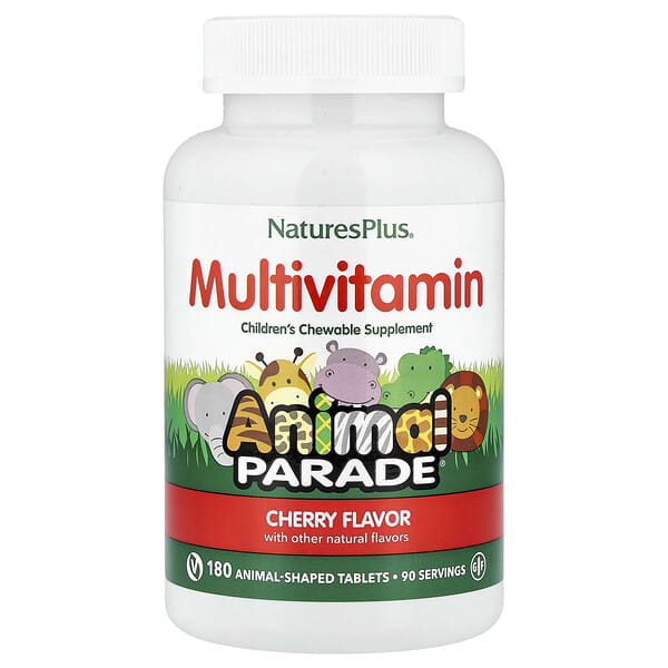 NaturesPlus Animal Parade®, Children's Chewable Multivitamin Supplement, Cherry, 180 Animal-Shaped Tablets