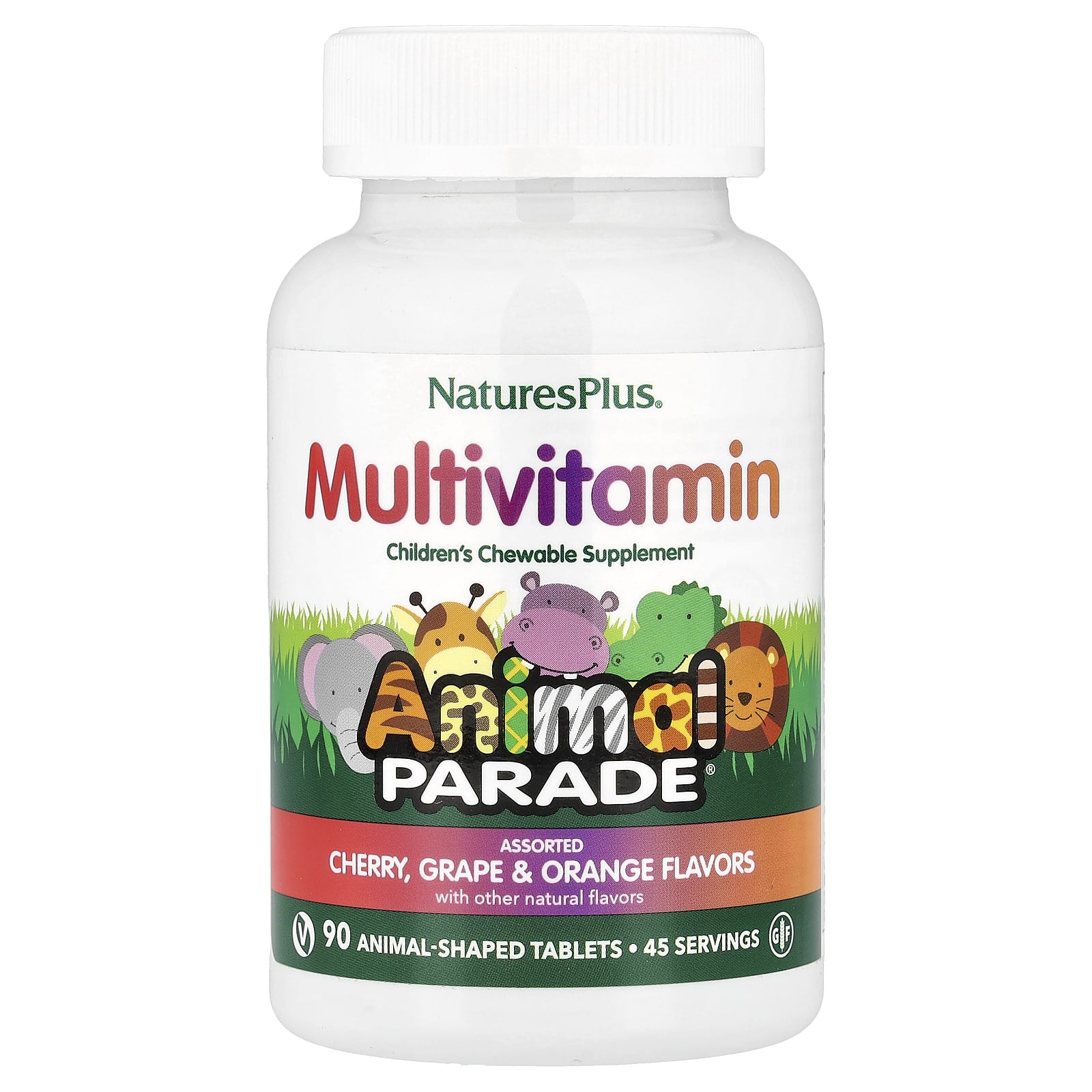 NaturesPlus, Animal Parade®, Children's Chewable Multivitamin, Cherry, Grape & Orange, 90 Animal-Shaped Tablets