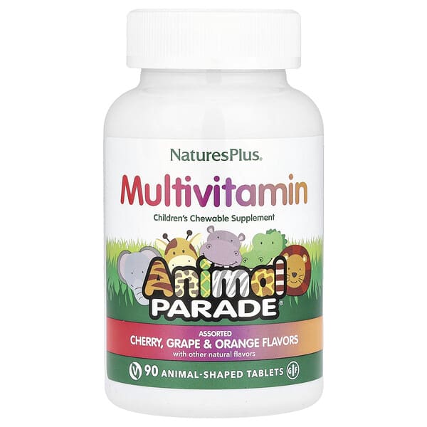 NaturesPlus Animal Parade®, Children's Chewable Multivitamin, Cherry, Grape & Orange, 90 Animal-Shaped Tablets