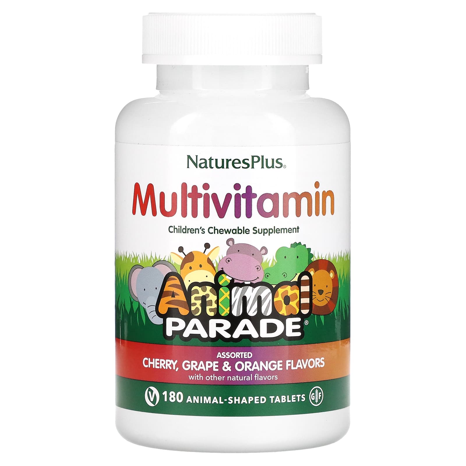 NaturesPlus, Animal Parade, Children's Chewable Multivitamin Supplement,  Cherry, Grape & Orange, 180 Animal-Shaped Tablets