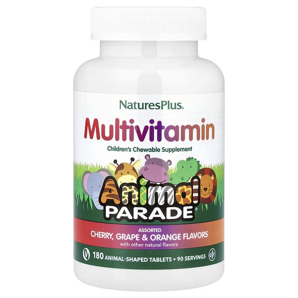NaturesPlus Animal Parade®, Children's Chewable Multivitamin, Cherry, Grape & Orange, 180 Animal-Shaped Tablets