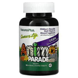 NaturesPlus, Source of Life,  Animal Parade, Children's Chewable Multi-Vitamin & Mineral Supplement, Grape, 90 Animal-Shaped Tablets