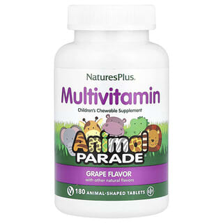 NaturesPlus, Animal Parade, Suplemento Multivitamínico Mastigável para Crianças, Sabor de Uva, 180 Comprimidos em Formato de Animais