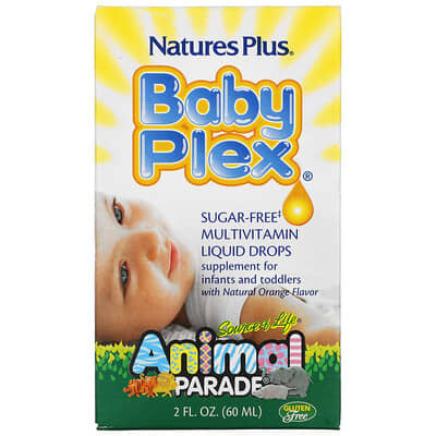 NaturesPlus, Source of Life, Animal Parade, Baby Plex, Sugar Free Multivitamin Liquid Drops, Natural Orange Flavor, 2 fl oz (60 ml) (Discontinued Item) 