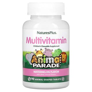 NaturesPlus, Animal Parade, Suplemento multivitamínico masticable para niños, Sandía, 90 comprimidos con forma de animal